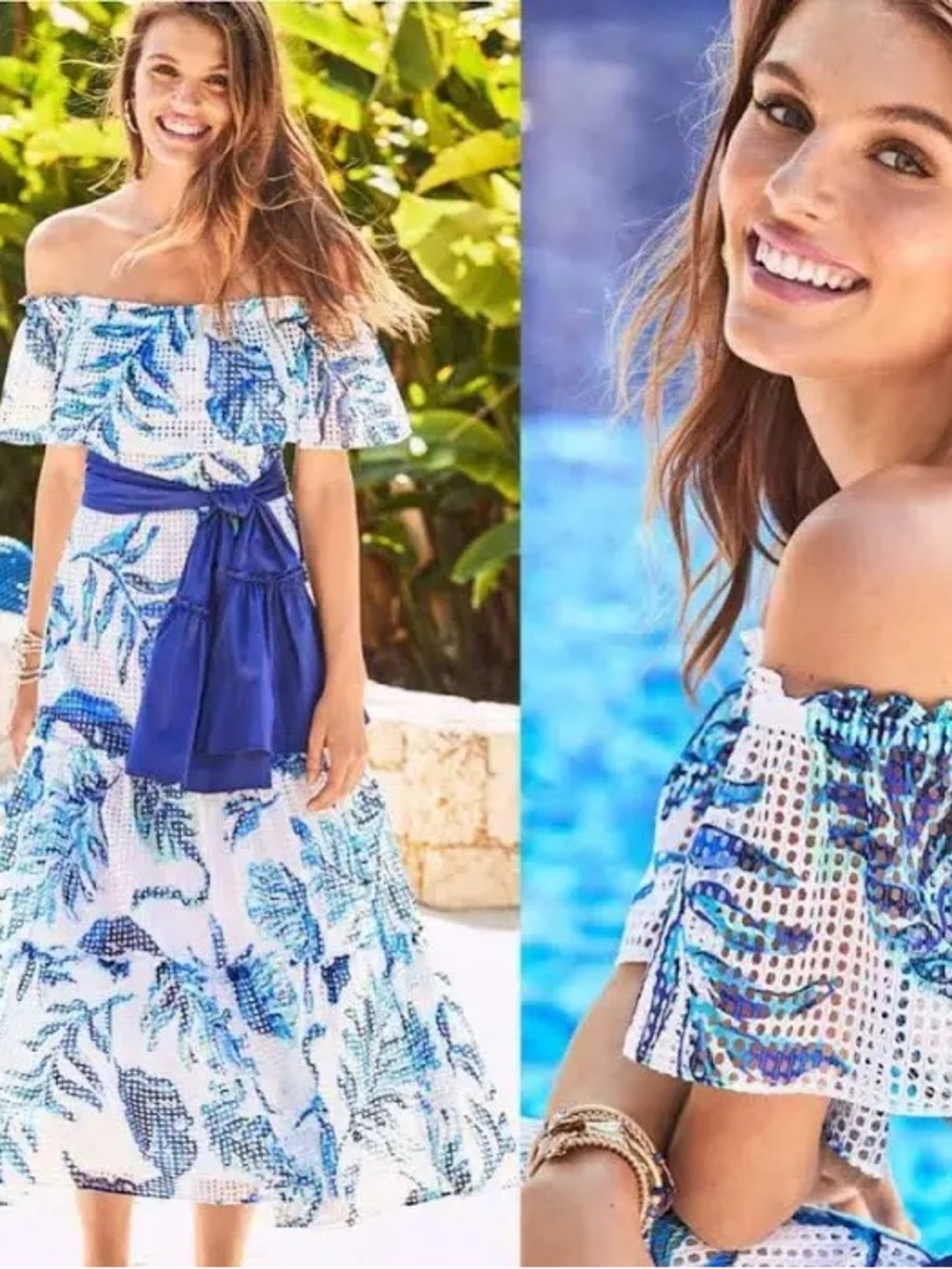 Lilly Pulitzer Blue and White Off-Shoulder Tropical Midi Dress